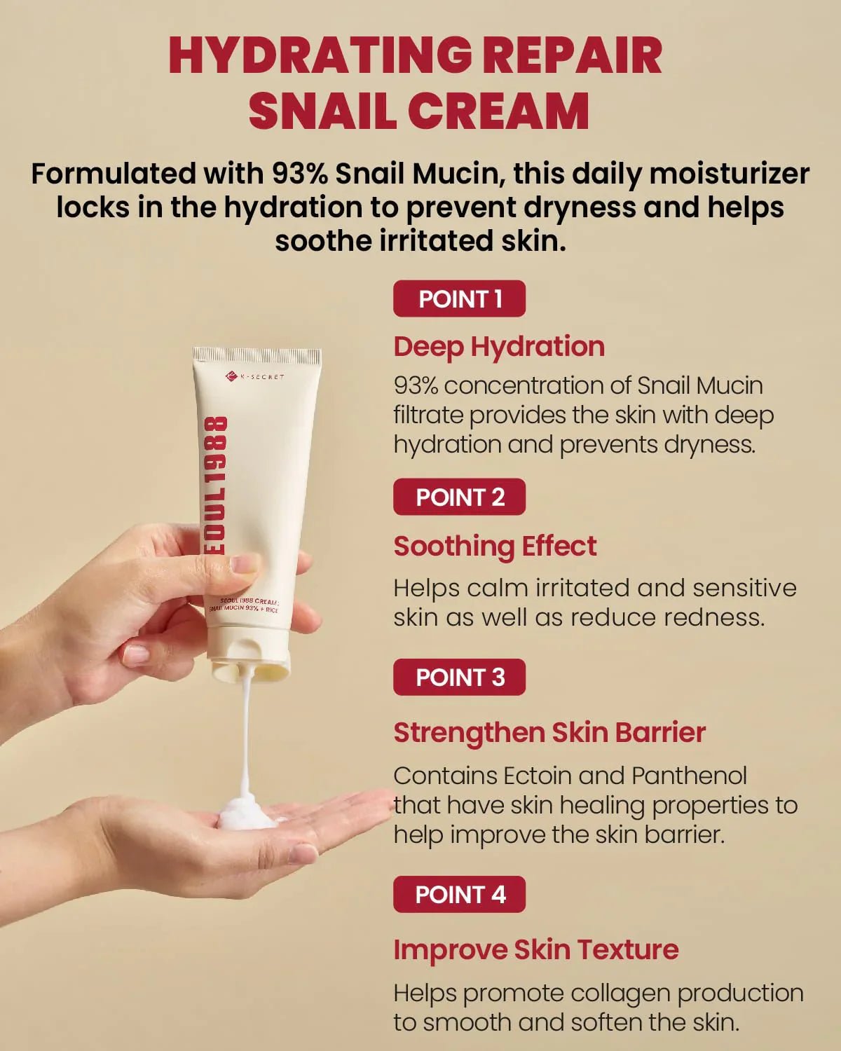 K - SECRET SEOUL 1988 Cream: Snail Mucin 93% + Rice 100 ml - Beauty Glams